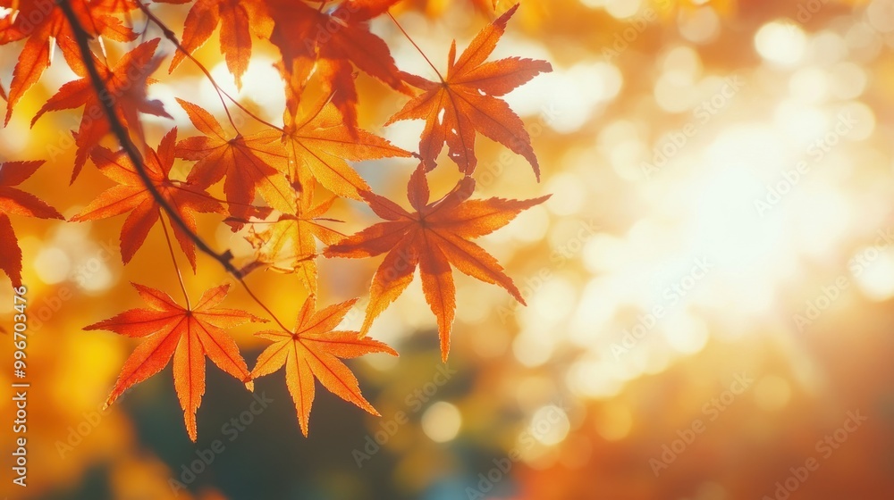 Closeup of vibrant orange maple leaves against a soft, blurred background of golden sunlight. Closeup of vibrant orange maple leaves against a soft, blurred background of golden sunlight.