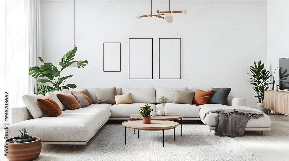 Obraz premium Bright and Inviting Modern Scandinavian Inspired Living Room with Comfortable Sectional Sofa Minimalist Decor Natural Wood Accents and Potted Plants