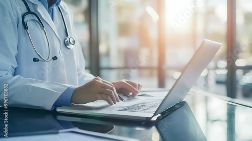 A medical professional using a laptop in a well-lit office, symbolizing modern healthcare, digital tools, and patient management.