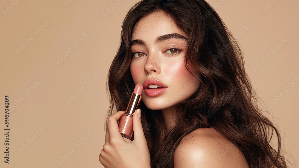 Young beautiful woman holding a lipstick Young beautiful woman holding a lipstick