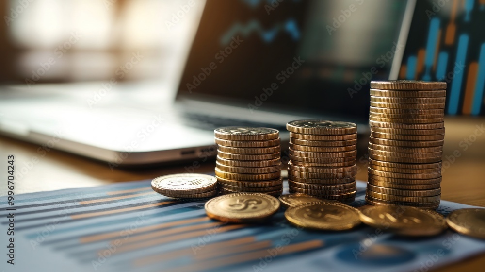 Stacks of golden coins with financial chart and laptop in background. Stacks of golden coins with financial chart and laptop in background.