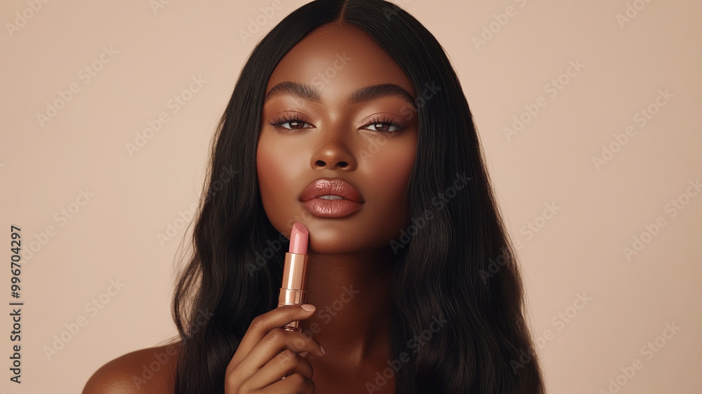 Young beautiful black woman holding a lipstick Young beautiful black woman holding a lipstick