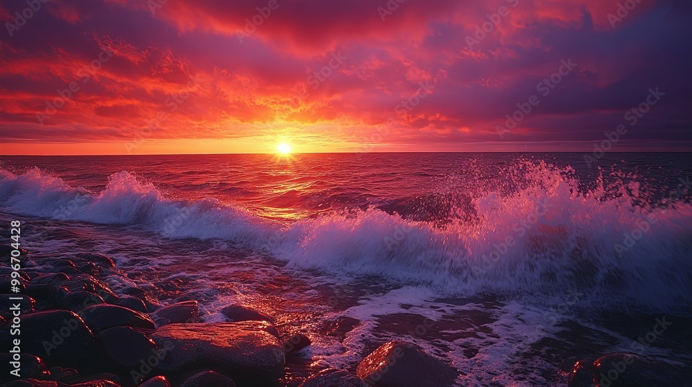 Naklejka premium Sunset over the ocean with crashing waves and rocky shoreline