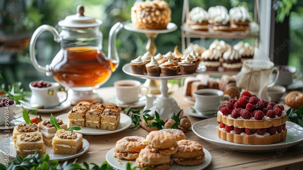 Tea time, traditional English tea ceremony with Afternoon tea cakes, sandwiches and teapot with hot tea. Sweet tasty cakes and desserts with greenery on background. Tea time, traditional English tea ceremony with Afternoon tea cakes, sandwiches and teapot with hot tea. Sweet tasty cakes and desserts with greenery on background.