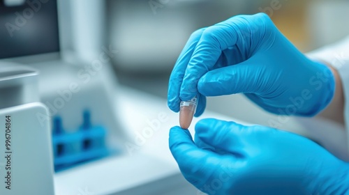 A gloved hand holds a small vial, likely for scientific or medical analysis.