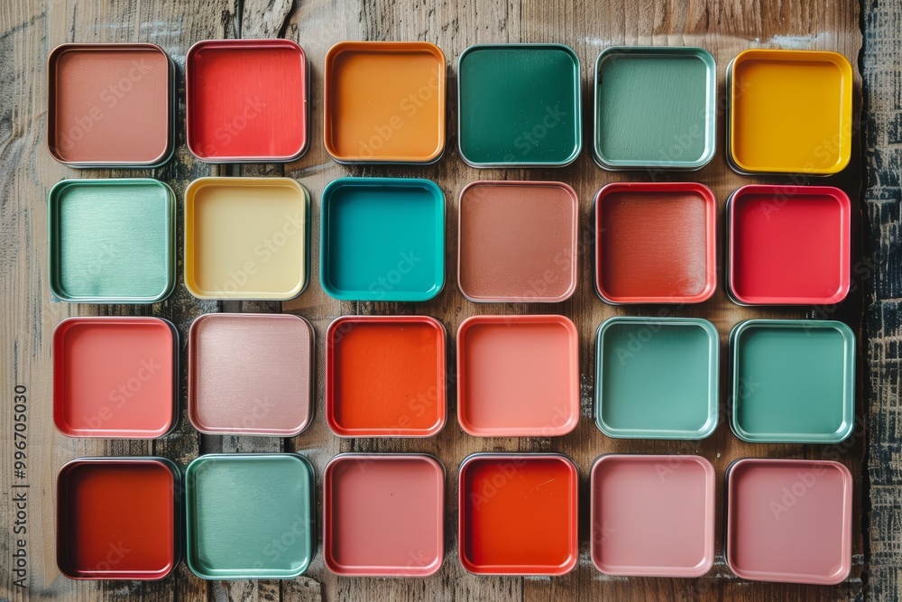 Vibrant square color palette on wood surface Vibrant square color palette on wood surface
