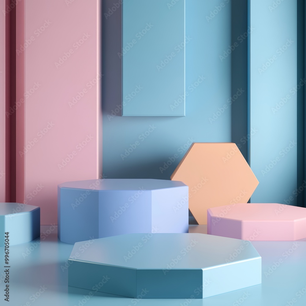 3d render of abstract geometric forms. Glossy blue and pink podiums. 3d render of abstract geometric forms. Glossy blue and pink podiums.