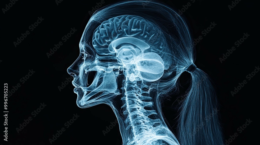 A Wireframe Profile of a Female Head with a Visible Brain and Spine A Wireframe Profile of a Female Head with a Visible Brain and Spine