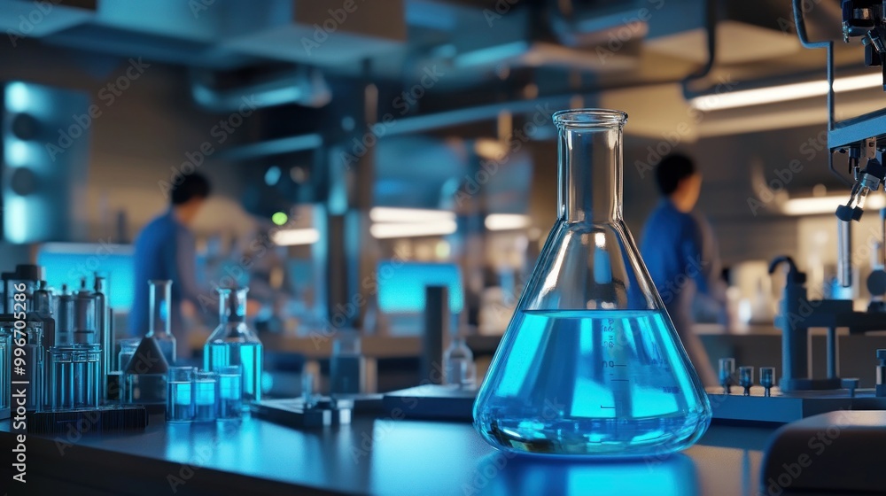 A laboratory scene featuring glassware with blue liquid, emphasizing scientific research. A laboratory scene featuring glassware with blue liquid, emphasizing scientific research.