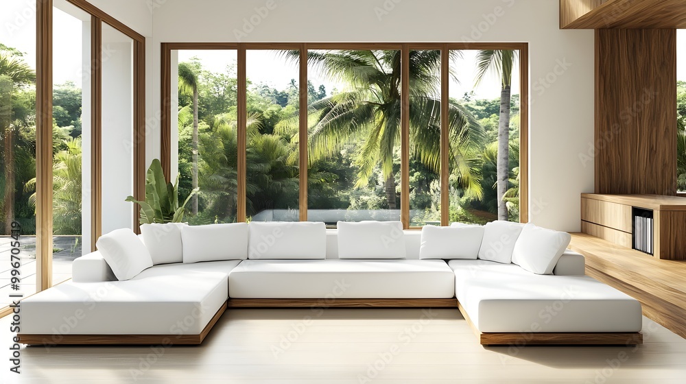 Fototapeta premium Bright and open contemporary living room featuring a large L shaped white sofa minimalist wood and color accents expansive windows overlooking a lush outdoor scene