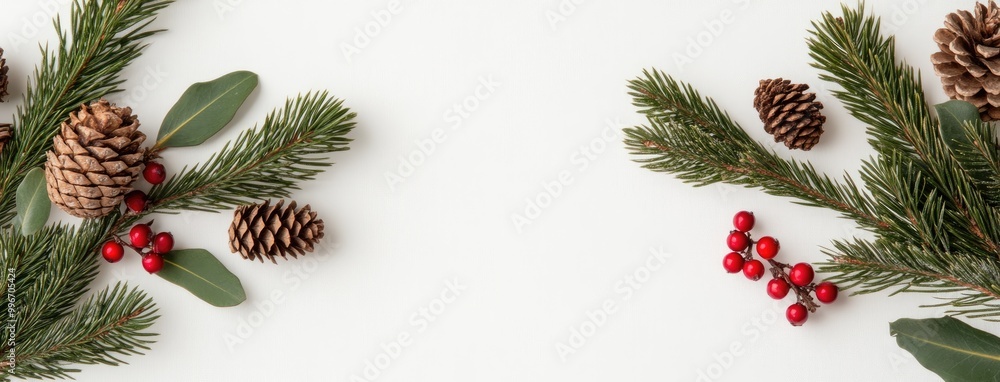 A vibrant Christmas garland made of lush pine branches, decorated with natural cones and bright red berries, ideal for enhancing festive designs and marketing materials A vibrant Christmas garland made of lush pine branches, decorated with natural cones and bright red berries, ideal for enhancing festive designs and marketing materials