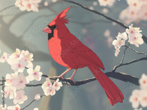 Cartoon Bird , Cardinal on cherry blossom flowers 