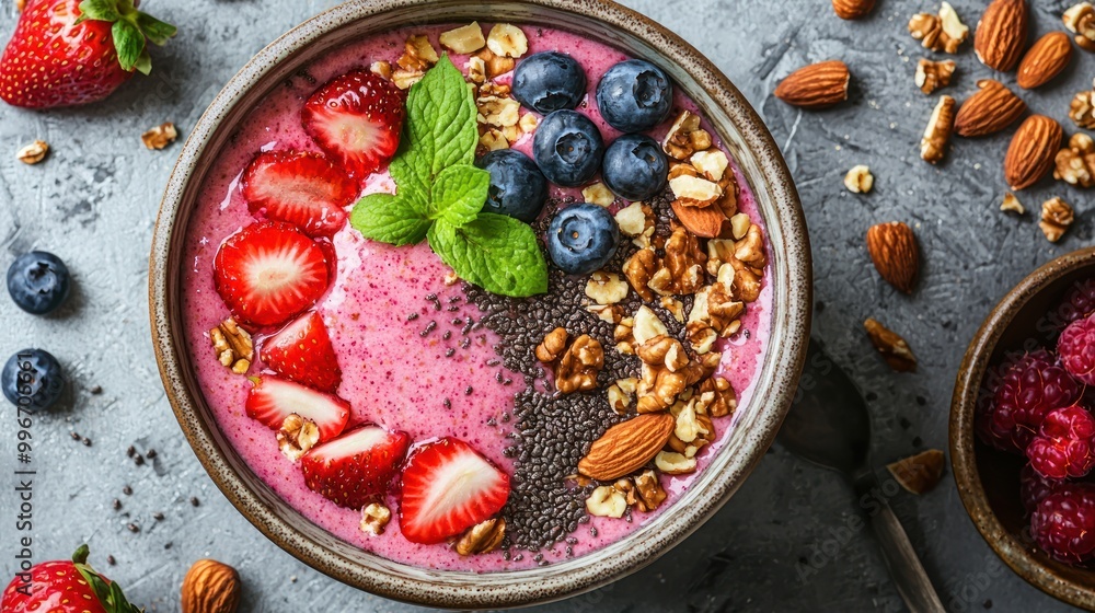 Overhead view of a vegan smoothie bowl topped with fruits, nuts, and seeds. Overhead view of a vegan smoothie bowl topped with fruits, nuts, and seeds.