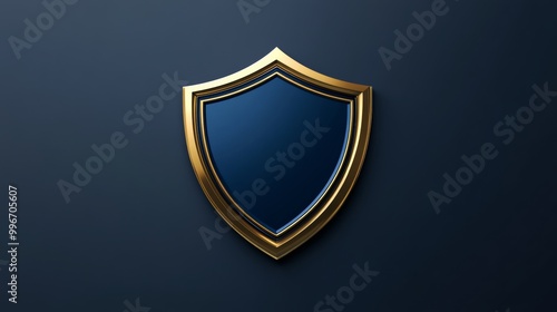 A stylish badge icon with a three-dimensional design, colored in shades of blue and gold, featuring a blank space for customization, isolated on a clean backdrop