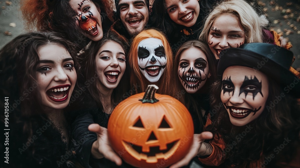 Happy young people having fun at a Halloween costume party while dressed up as various eerie characters and sporting scary makeup on their faces. Adult friends in a group photo with a classic smiley Happy young people having fun at a Halloween costume party while dressed up as various eerie characters and sporting scary makeup on their faces. Adult friends in a group photo with a classic smiley