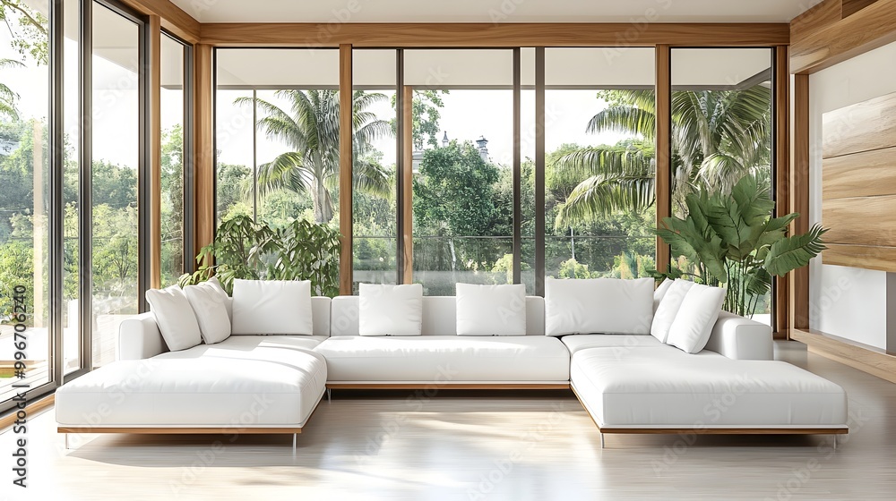 Fototapeta premium Bright and open contemporary living room with large L shaped white sofa minimalist wood and color accents expansive windows overlooking a lush outdoor scene