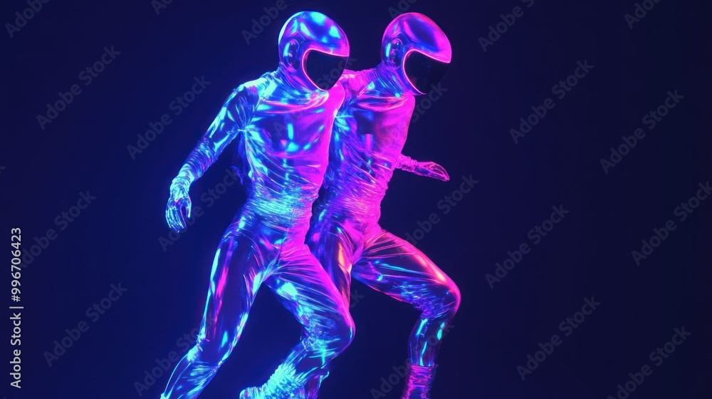 Two astronauts in iridescent suits posing against a dark blue background. Two astronauts in iridescent suits posing against a dark blue background.
