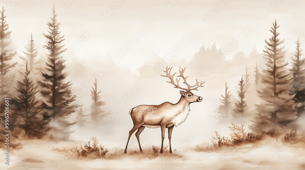 A serene watercolor of a lone reindeer standing in a misty forest, soft brown tones, gentle brush strokes, large copy space at the top A serene watercolor of a lone reindeer standing in a misty forest, soft brown tones, gentle brush strokes, large copy space at the top