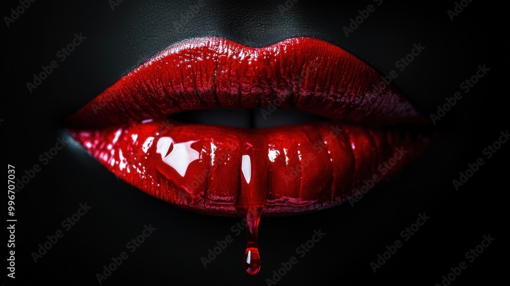 Close up of red glossy lips with a drop dripping. Close up of red glossy lips with a drop dripping.