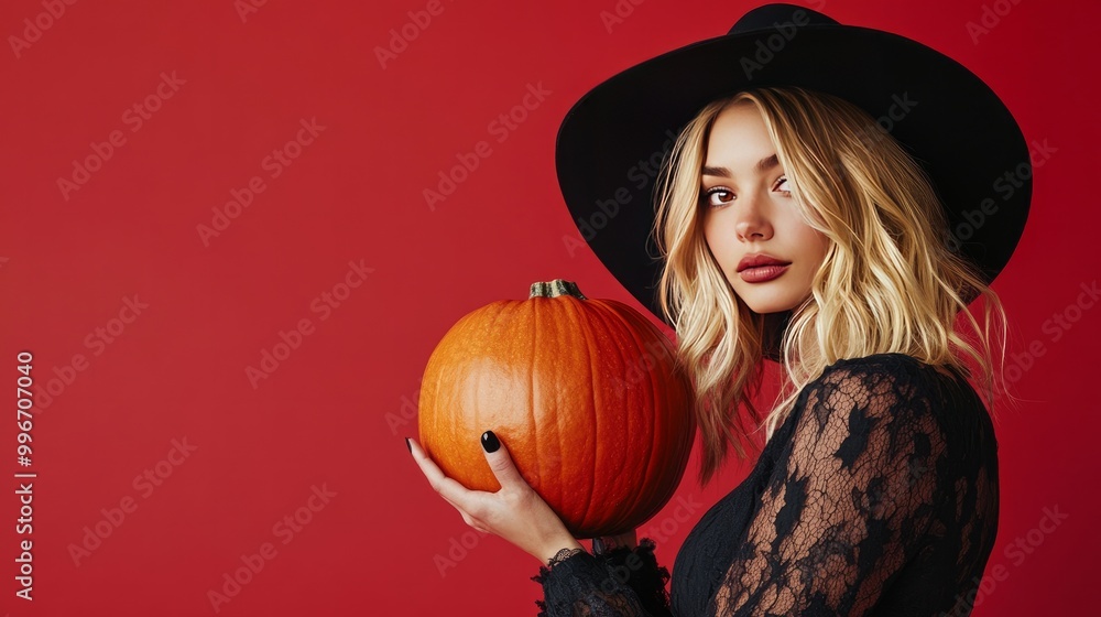 On a red background, a young blonde wearing a black hat and costume. attractive model who is Caucasian. Halloween, Cyber Monday, Black Friday, Sales, and the autumn theme. Make copies. Pumpkin in hand On a red background, a young blonde wearing a black hat and costume. attractive model who is Caucasian. Halloween, Cyber Monday, Black Friday, Sales, and the autumn theme. Make copies. Pumpkin in hand
