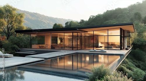 Modern Glass House with Infinity Pool Overlooking Forested Hills