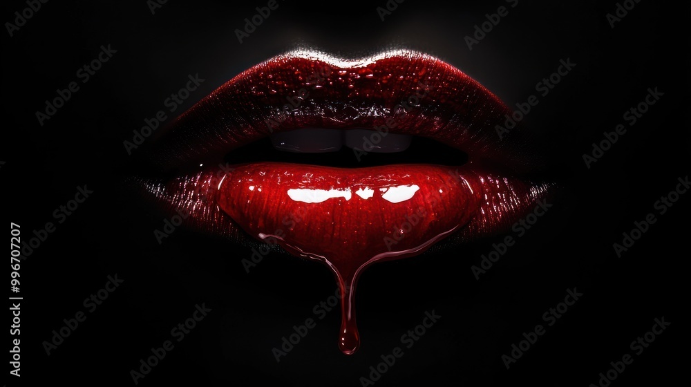 Close-up of red glossy lips with dripping lipstick on black background. Close-up of red glossy lips with dripping lipstick on black background.