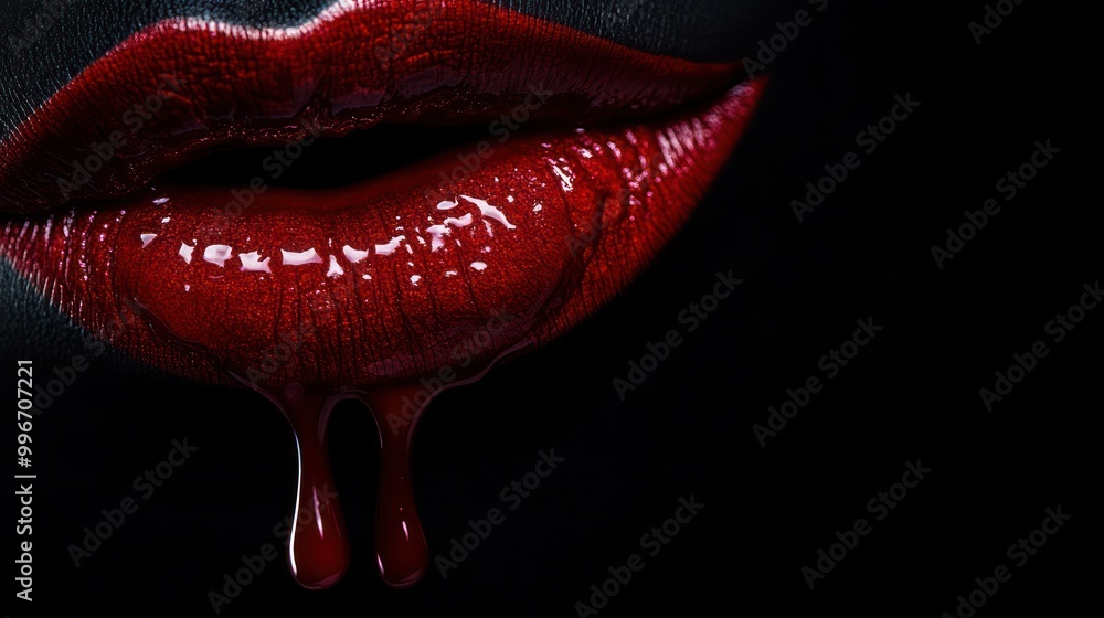 Close-up of red lips with dripping gloss. Close-up of red lips with dripping gloss.