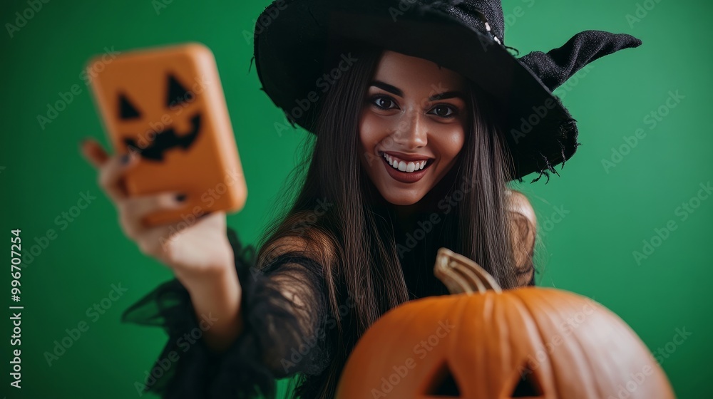 Up close, a young woman dressed as a witch for Halloween is taking a selfie against a green backdrop. Up close, a young woman dressed as a witch for Halloween is taking a selfie against a green backdrop.