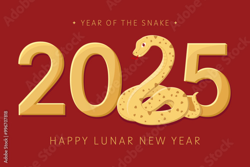 Chinese New Year 2025. Festive cute vector illustration. Gold snake on red background. Lunar new year of the snake, symbol of the year. Design of background, card, calendar