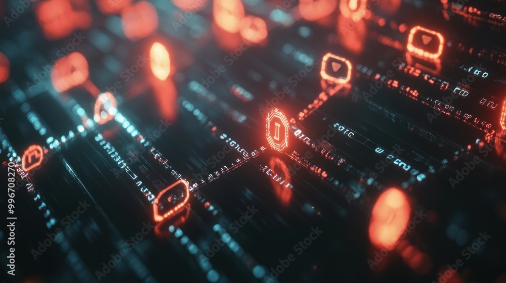 Abstract digital network with glowing icons and data streams. Abstract digital network with glowing icons and data streams.