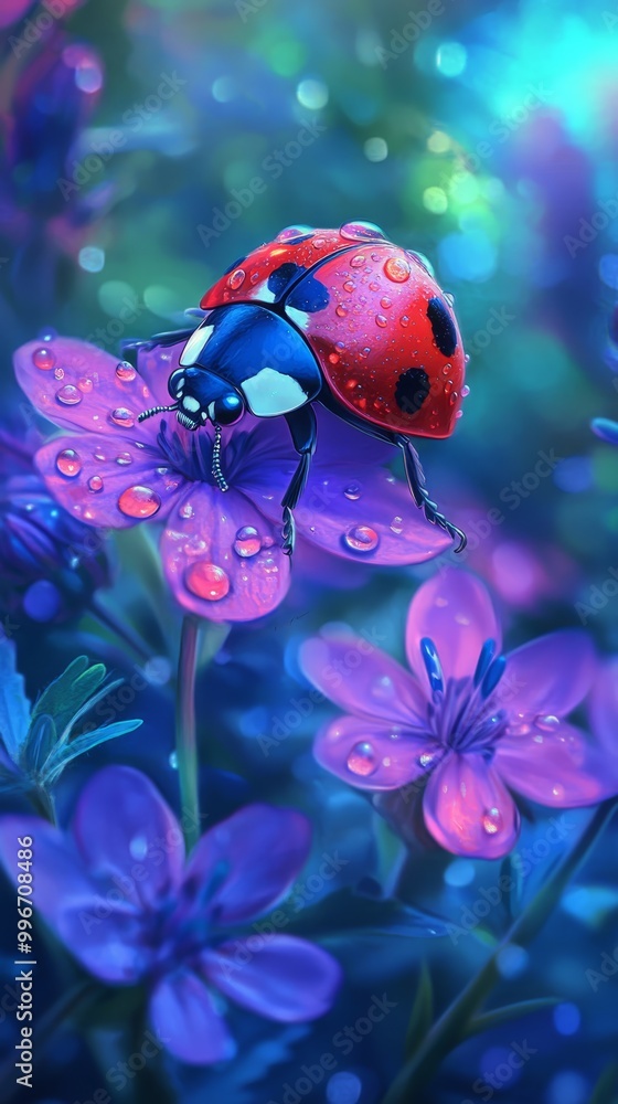 A ladybug perches on a purple flower, its back legs dotted with water droplets A ladybug perches on a purple flower, its back legs dotted with water droplets