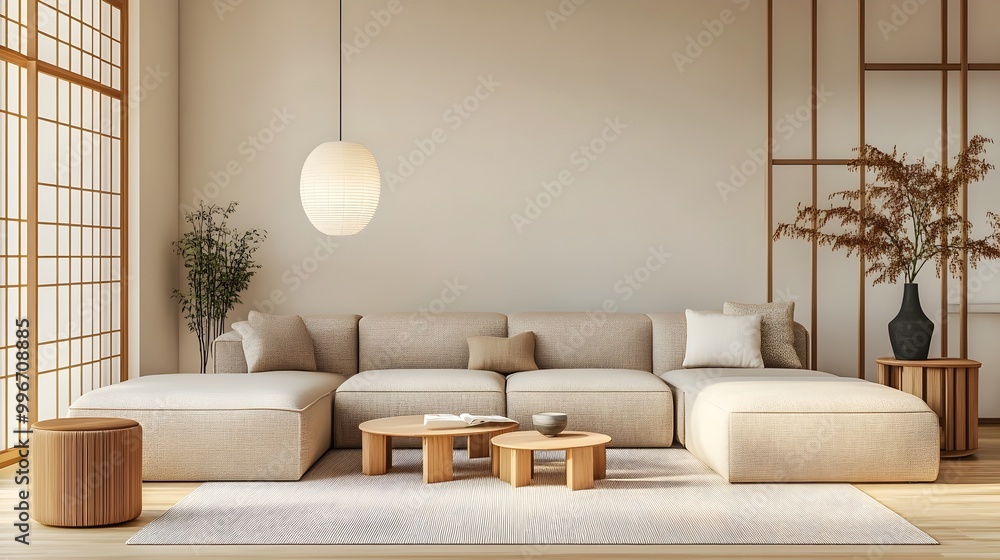 Fototapeta premium Bright and welcoming modern living space featuring a plush sectional sofa in a muted tone minimalist furniture arrangement natural wood accents and ambient lighting