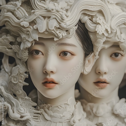 Captivating surreal portrait of an Asian female model adorned with an ornate floral headpiece creating a dreamy ethereal and mysterious aesthetic The delicate flowers