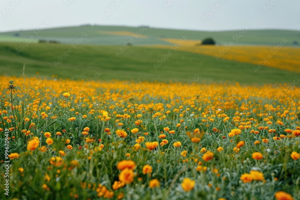 Obraz premium Empty scene of spring flower fields landscape grassland outdoors.