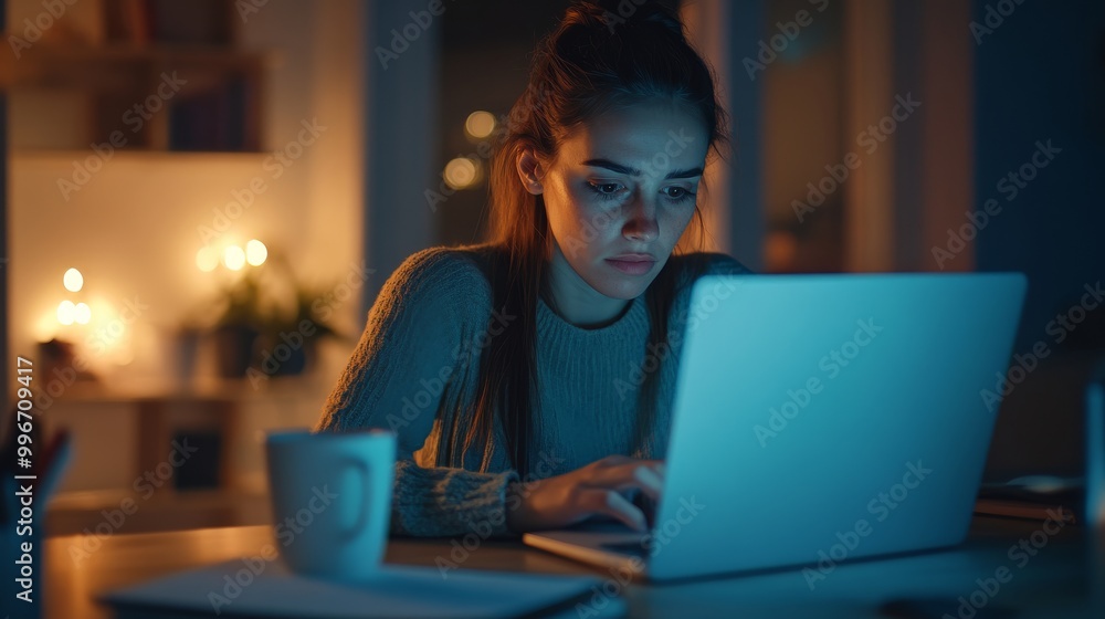 In a cozy home workspace, a woman sits at her desk, intently typing on her laptop while enjoying a warm cup of coffee during the evening hours In a cozy home workspace, a woman sits at her desk, intently typing on her laptop while enjoying a warm cup of coffee during the evening hours