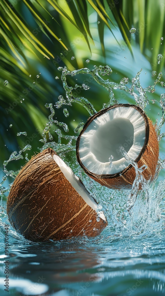 A tight shot of a coconut dropping into a body of water Palm tree in background A tight shot of a coconut dropping into a body of water Palm tree in background