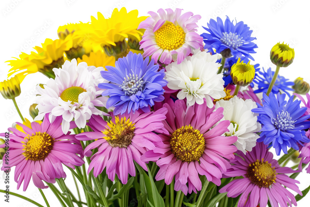 Fototapeta premium bouquet of assorted flowers including daisies, cornflowers, and other colorful blooms. 
