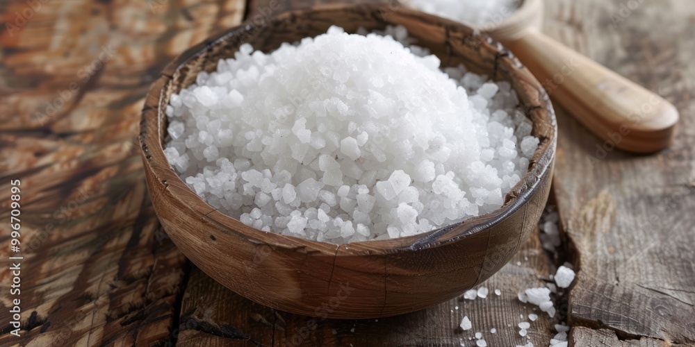 Coarse white salt in a wooden bowl on a rustic wooden surface. Natural cooking ingredient. Coarse white salt in a wooden bowl on a rustic wooden surface. Natural cooking ingredient.