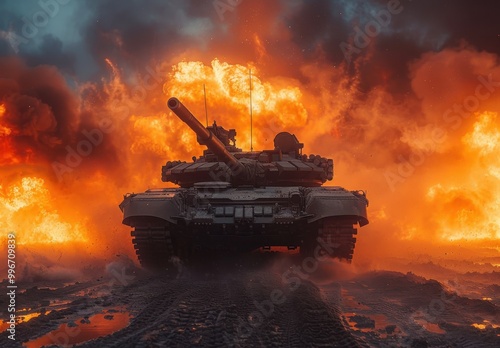 A tank fires amidst multiple smoke screens in a fiery battlefield photo