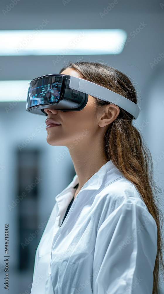 Healthcare professional wearing smart glasses, focused on advanced technology in clinical setting. innovative device enhances her work experience and patient care Healthcare professional wearing smart glasses, focused on advanced technology in clinical setting. innovative device enhances her work experience and patient care