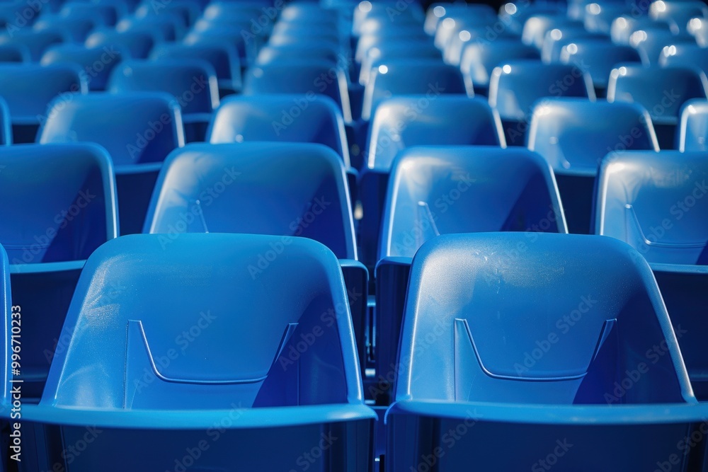 A row of blue chairs are empty A row of blue chairs are empty