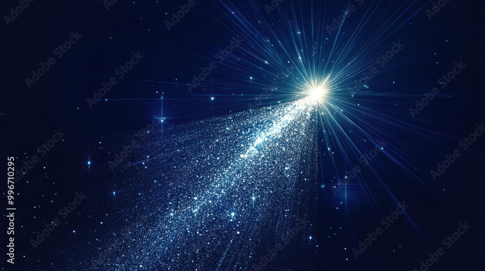 bright light source at the center with rays and particles emanating outward into a dark blue space background. bright light source at the center with rays and particles emanating outward into a dark blue space background.