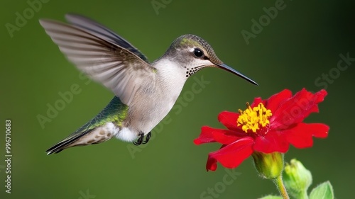 Hummingbird hovering near bright red flower, vibrant nature scene.