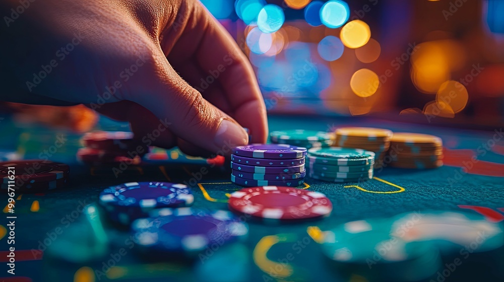 Close-up of Hand Placing a Stack of Purple Casino Chips on a Green Felt Table Close-up of Hand Placing a Stack of Purple Casino Chips on a Green Felt Table
