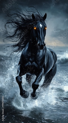  A black horse gallops through a red-lit body of water, its face illuminated by the glowing light