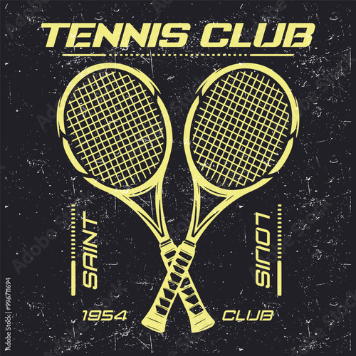 Tennis Club, Saint Louis 1954 Club, with two rackets crossed in the middle. Los Angeles tennis club t-shirt design. College-style tee shirt with tennis ball. Sports apparel print. Vector illustration