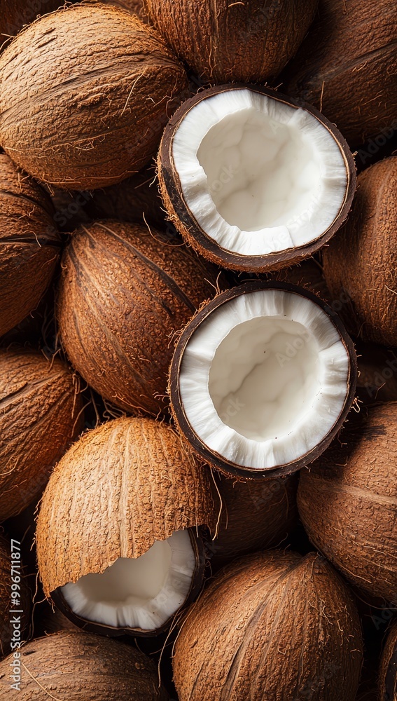 A pile of coconuts stacked upon another pile of similarly stacked coconuts A pile of coconuts stacked upon another pile of similarly stacked coconuts
