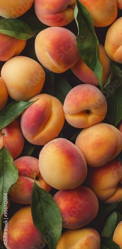  A mound of peaches topped with verdant leaves One bears a telltale bite photo