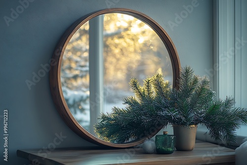 A round mirror reflects a snowy winter landscape through a window, with festive decorations adding a touch of warmth and holiday cheer to the serene scene. photo