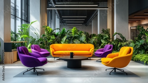 Modern office lounge with yellow and purple chairs, a round coffee table, and greenery. photo